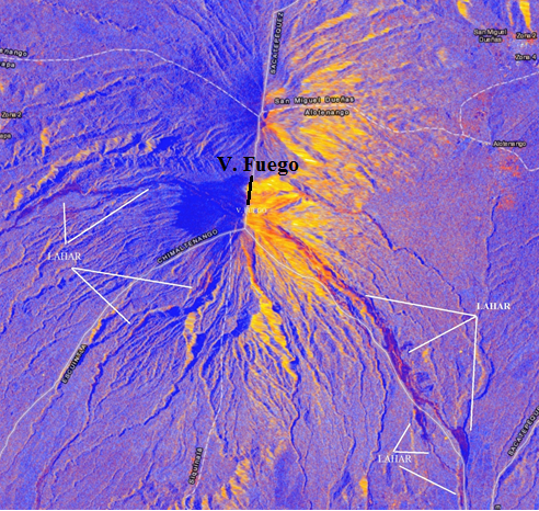 Imagen del Rada de Apertura Sintética (SAR) Sentinel 1, del  8 de junio del 2018, en donde se muestran los lahares ocasionaditos por el volcán de Fuego de Guatemala, posteriores a la erupción del día 3 de junio del mismo año. Se hicieron combinaciones tipo RGB a partir de la polarización de la onda electromagnética, Dual Pol Ratio Sigma0 VV+VH: Red Sigma0_VV_db, Green Sigma0_VH_db, Blue Red Sigma0_VV/Sigma0_VH. Elaboración propia.